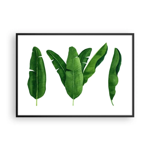 Poster in einem schwarzem Rahmen - Drei Bananenblätter in künstlerischer Umsetzung - 100x70cm - Grüne Symmetrie - Moderne Wanddekoration für Wohnzimmer und Schlafzimmer ARTTOR