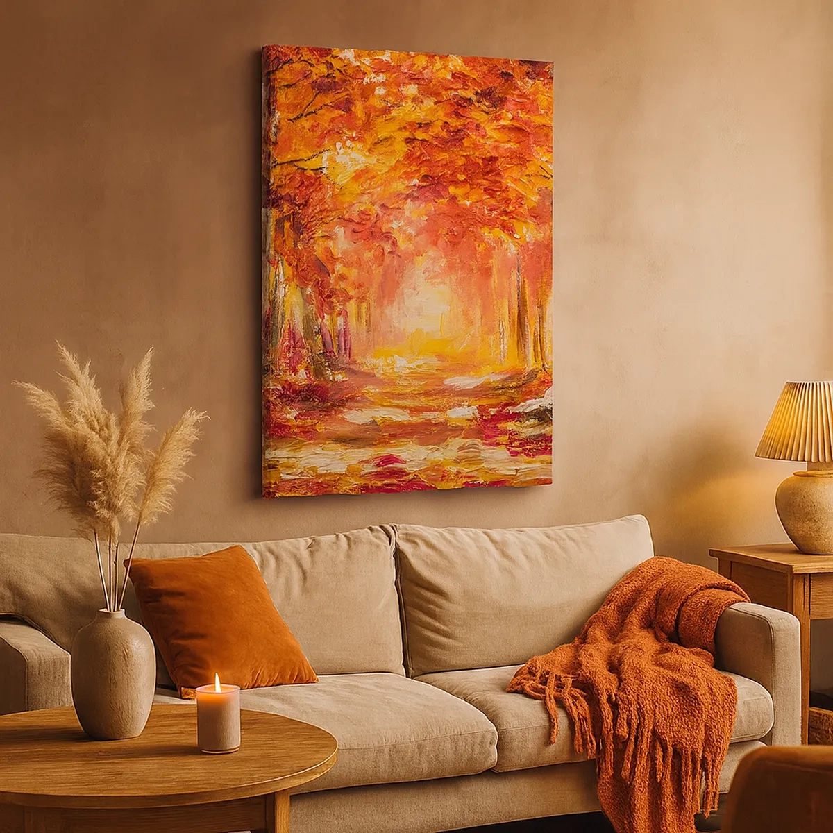 Bild auf Leinwand - Leinwandbild - Herbstwald in Kupfer- und Goldtönen - 50x70cm - Kupferwald - Moderne Wanddekoration für Wohnzimmer und Schlafzimmer ARTTOR