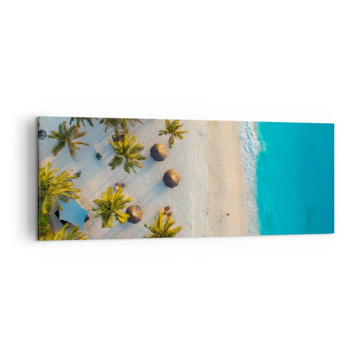Bild auf Leinwand - Leinwandbild - Blick auf einen tropischen Strand mit Palmen und türkisfarbenem Meer - 140x50cm - Willkommen im Paradies - Moderne Wanddekoration für Wohnzimmer und Schlafzimmer ARTTOR