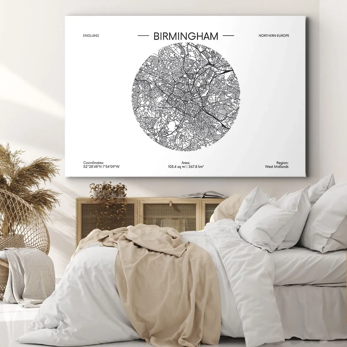 Bild auf Leinwand - Leinwandbild - Eine minimalistische Schwarzweißkarte von Birmingham mit präzisen Details. - 100x70cm - Anatomie von Birmingham - Moderne Wanddekoration für Wohnzimmer und Schlafzimmer ARTTOR