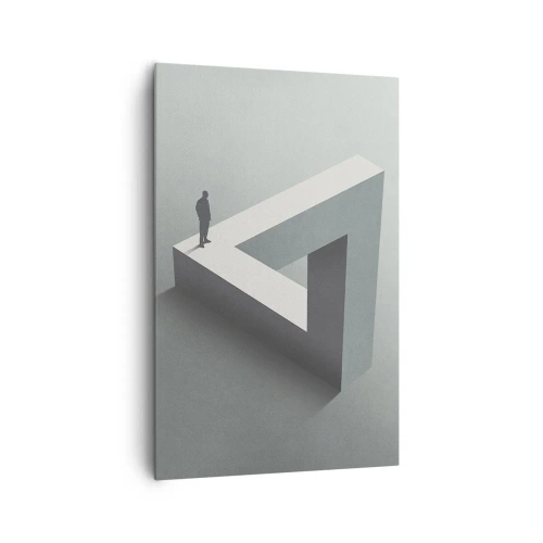 Bild auf Leinwand - Leinwandbild - Eine Figur, die auf einem Penrose-Dreieck in Grautönen steht. - 80x120cm - Es ist also doch möglich - Moderne Wanddekoration für Wohnzimmer und Schlafzimmer ARTTOR