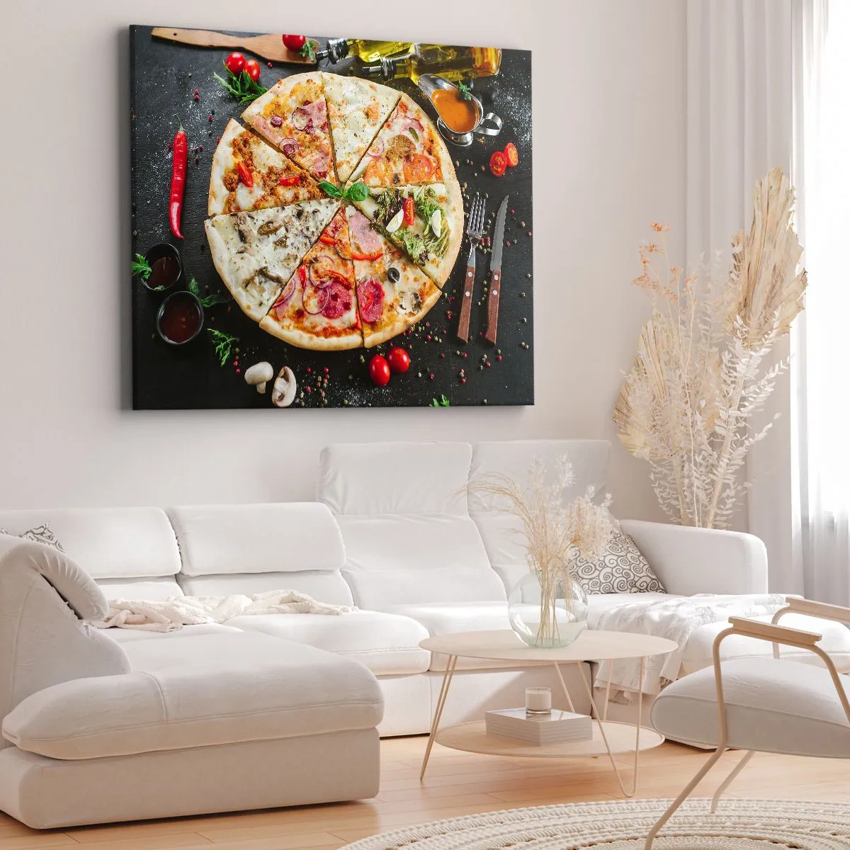 Bild auf Leinwand - Leinwandbild - Pizza in verschiedenen Geschmacksrichtungen mit verschiedenen Belägen - 70x50cm - Eine Reihe von Geschmacksrichtungen - Moderne Wanddekoration für Wohnzimmer und Schlafzimmer ARTTOR