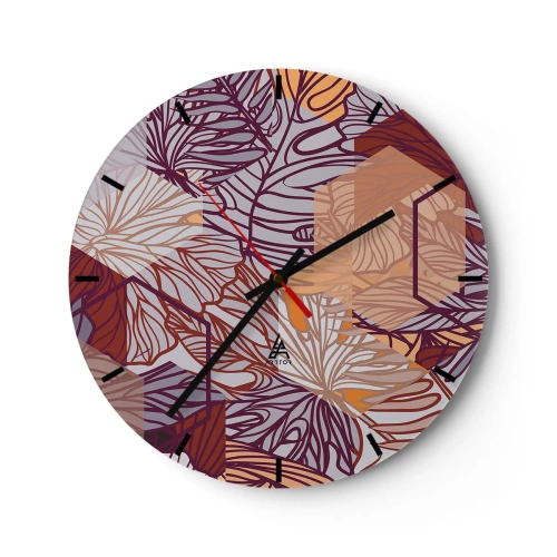 Wanduhr - Glasuhr - Abstrakte Blätter in Lila-, Orange- und Beigetönen - 30x30cm - Unmögliche Beziehung zwischen Geometrie und Natur - Moderne Wanddekoration für Wohnzimmer, Küche und Schlafzimmer ARTTOR