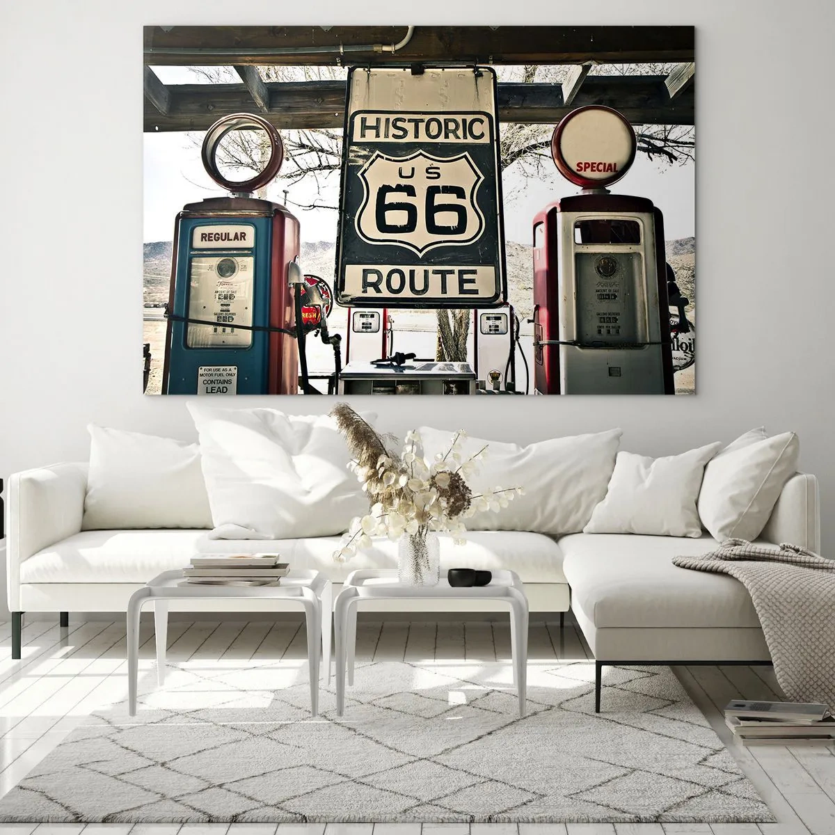 Glasbild - Bild auf glas - Vintage-Zapfsäulen und Route 66-Schild - 100x70cm - Amerikanische Retro-Reise - Moderne Wanddekoration für Wohnzimmer und Schlafzimmer ARTTOR