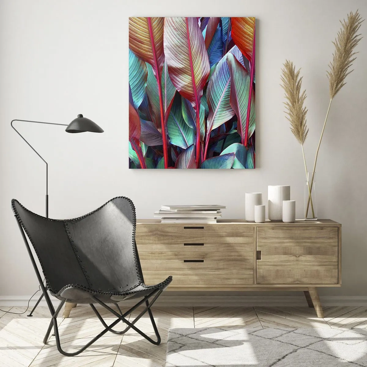 Glasbild - Bild auf glas - Bunte Blätter tropischer Pflanzen im Dickicht - 80x120cm - Buntes Dickicht - Moderne Wanddekoration für Wohnzimmer und Schlafzimmer ARTTOR