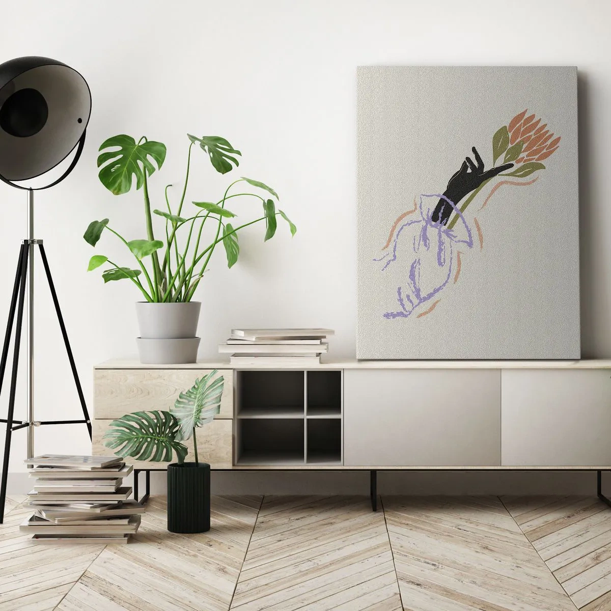 Bild auf Leinwand - Leinwandbild - Ein minimalistischer Blumenstrauß im zarten Stil - 70x100cm - Schwesterliche Berührung - Moderne Wanddekoration für Wohnzimmer und Schlafzimmer ARTTOR