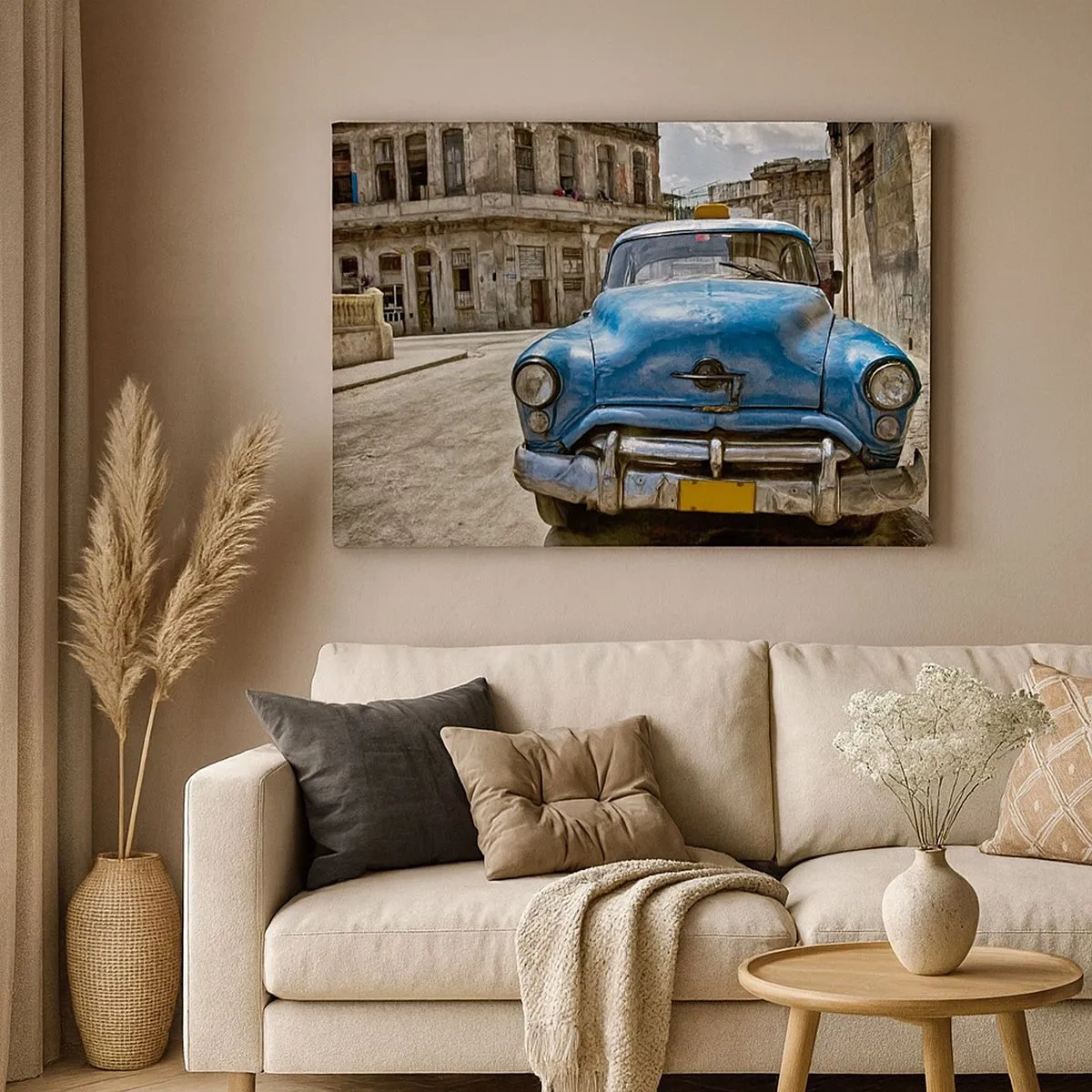 Bild auf Leinwand - Leinwandbild - Ein altes blaues Auto auf der Straße im Retro-Stil - 70x50cm - Alt ist schön - Moderne Wanddekoration für Wohnzimmer und Schlafzimmer ARTTOR