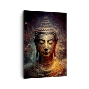 Bild auf Leinwand - Leinwandbild - Goldener Buddha auf dunklem Hintergrund mit Ornamenten - 50x70cm - Spirituelles Gleichgewicht - Moderne Wanddekoration für Wohnzimmer und Schlafzimmer ARTTOR