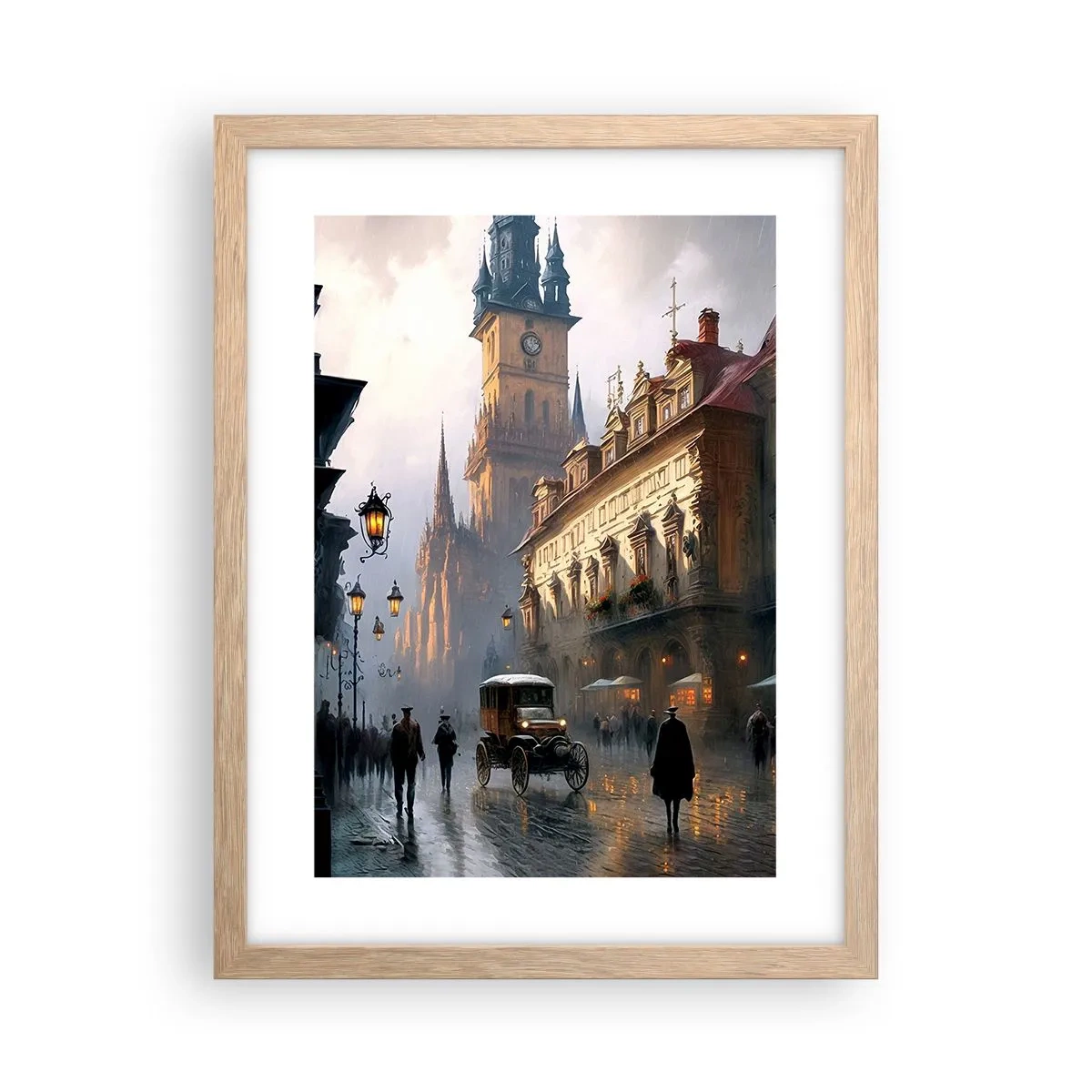 Poster in einem Rahmen aus heller Eiche - Charme eines Prager Abends - 30x40 cm