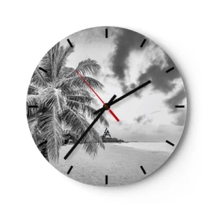 Wanduhr - Glasuhr - Strand mit Palmen in Schwarz und Weiß - 30x30cm - Wenn du dich nach Einsamkeit sehnst ... - Moderne Wanddekoration für Wohnzimmer, Küche und Schlafzimmer ARTTOR