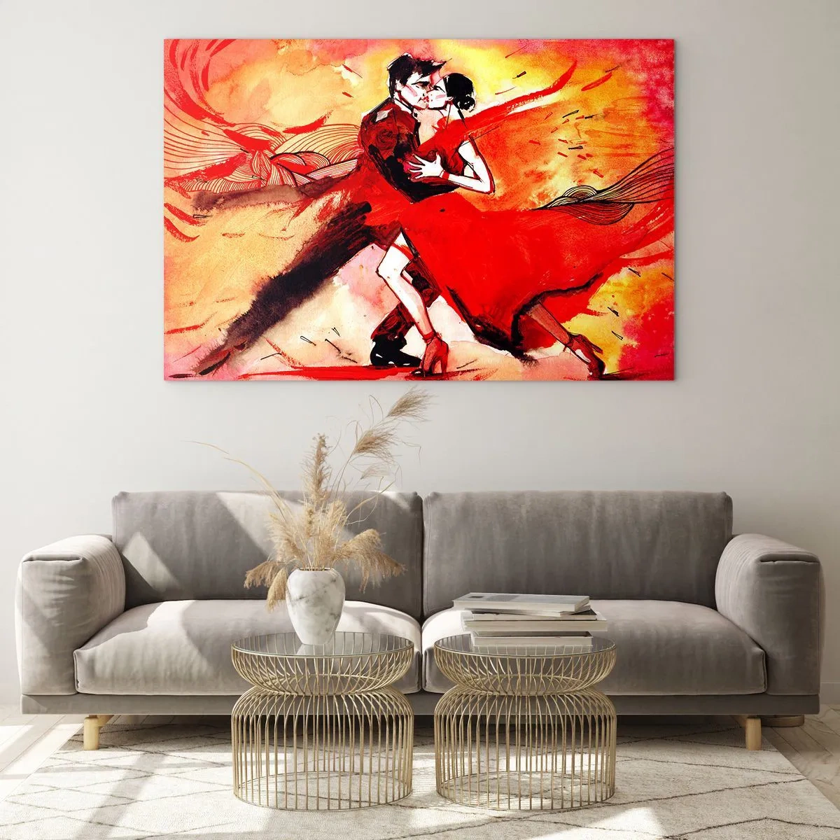 Glasbild - Bild auf glas - Ein tanzendes Paar in einer dynamischen roten Komposition - 100x70cm - Der violette Rhythmus der Leidenschaft - Moderne Wanddekoration für Wohnzimmer und Schlafzimmer ARTTOR