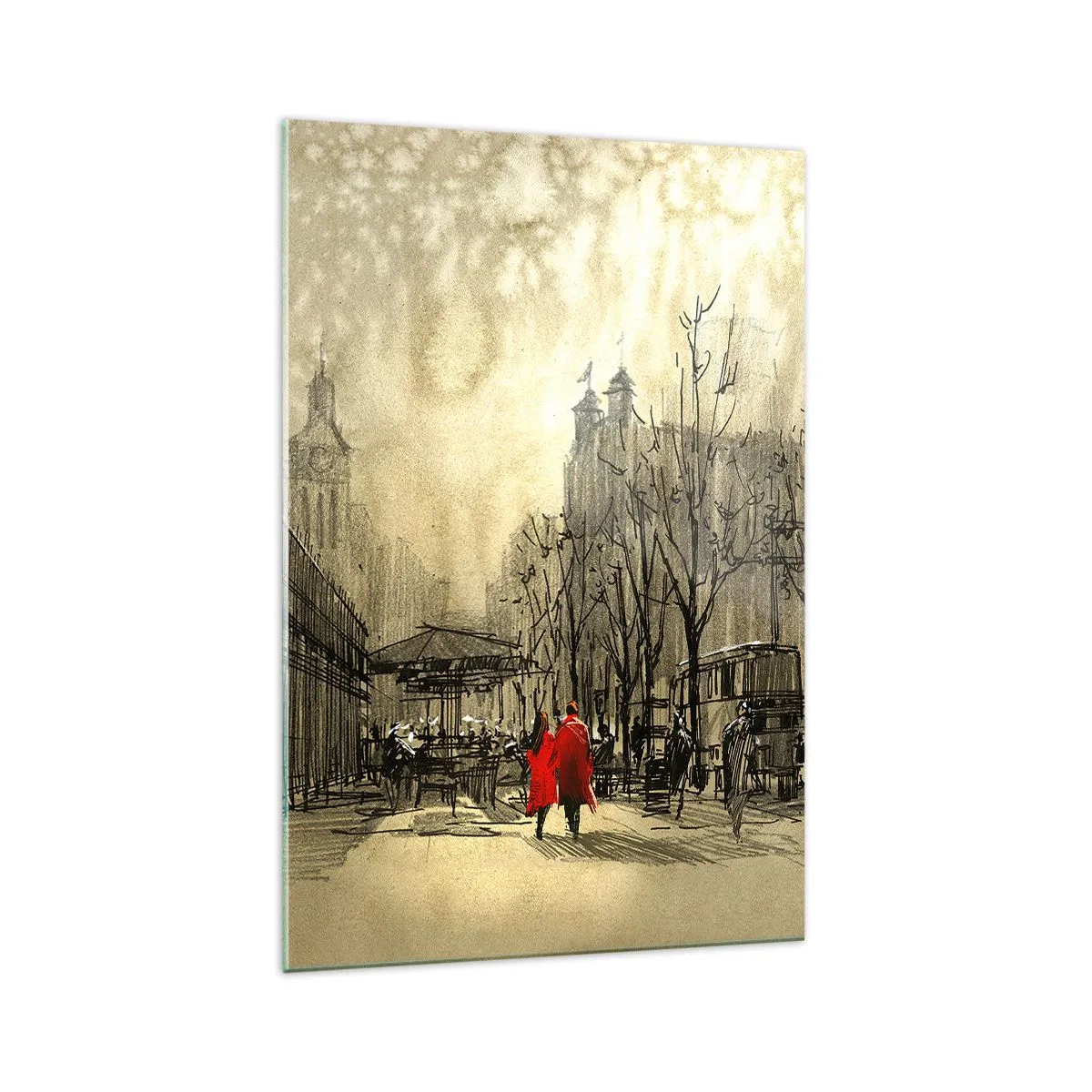 Glasbild - Bild auf glas - Eine rote Figur in einer nostalgischen urbanen Umgebung - 70x100cm - Ein Date im Londoner Nebel - Moderne Wanddekoration für Wohnzimmer und Schlafzimmer ARTTOR