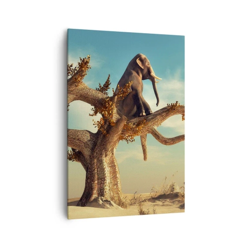 Bild auf Leinwand - Leinwandbild - Ein Elefant sitzt auf einem Baum in einer surrealen Landschaft - 70x100cm - Ein neuer Standpunkt - Moderne Wanddekoration für Wohnzimmer und Schlafzimmer ARTTOR