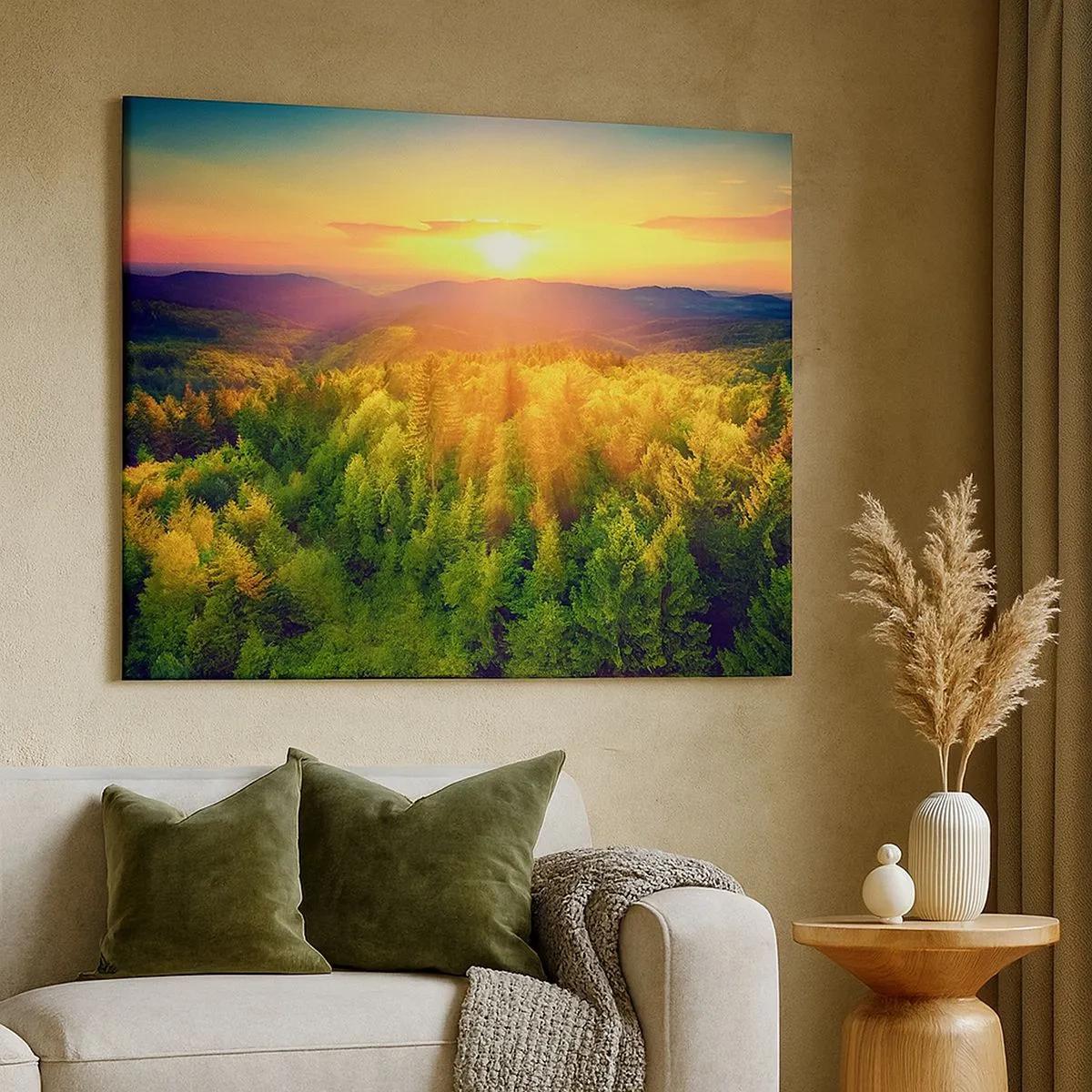 Bild auf Leinwand - Leinwandbild - Waldlandschaft mit Sonnenuntergang über den Hügeln - 70x50cm - Scheitelpunkte und Spitzen - Moderne Wanddekoration für Wohnzimmer und Schlafzimmer ARTTOR