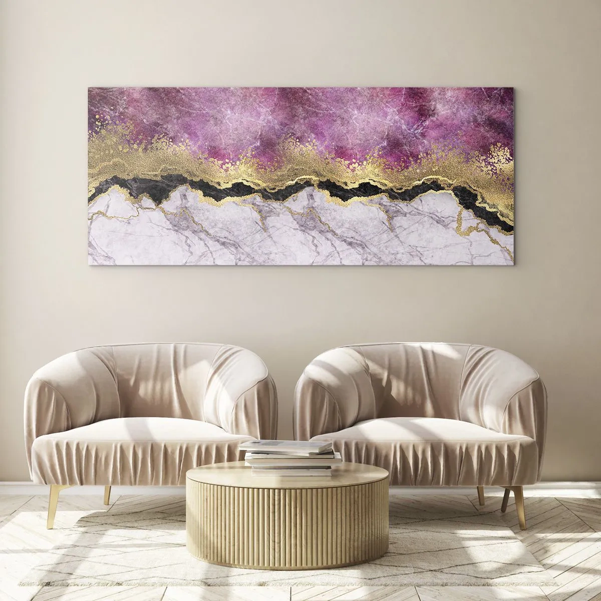 Glasbild - Bild auf glas - Abstrakter Marmor in Rosatönen mit goldenen Akzenten - 140x50cm - An der Grenze - Moderne Wanddekoration für Wohnzimmer und Schlafzimmer ARTTOR