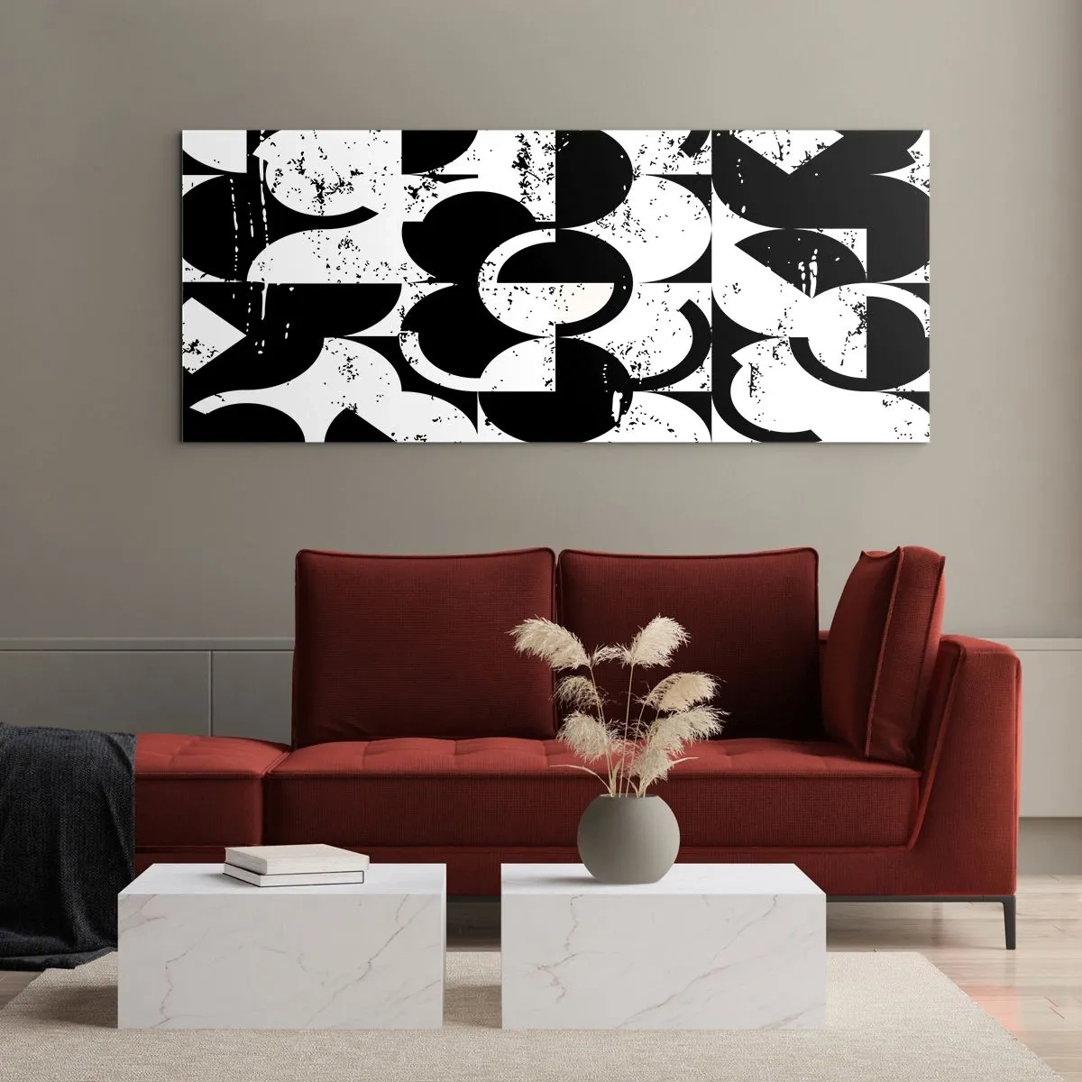 Glasbild - Bild auf glas - Abstraktes schwarz-weißes geometrisches Muster mit Vintage-Effekt - 120x50cm - Weiß ist weiß und schwarz ist schwarz - Moderne Wanddekoration für Wohnzimmer und Schlafzimmer ARTTOR