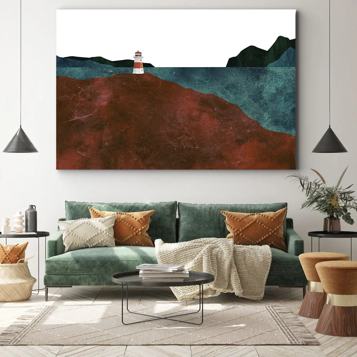 Bild auf Leinwand - Leinwandbild - Ein Leuchtturm vor der Kulisse von Bergen und Meer - 100x70cm - Aufs Meer starren - Moderne Wanddekoration für Wohnzimmer und Schlafzimmer ARTTOR