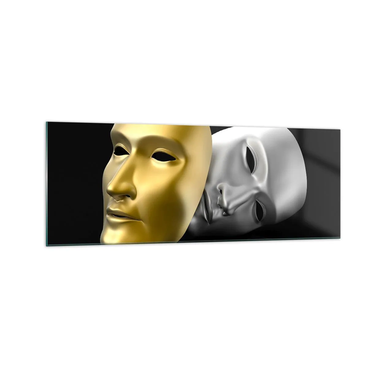 Glasbild - Bild auf glas - Gold- und Silbermaske auf schwarzem Hintergrund - 140x50cm - Das Leben ist wie ein Theater - Moderne Wanddekoration für Wohnzimmer und Schlafzimmer ARTTOR