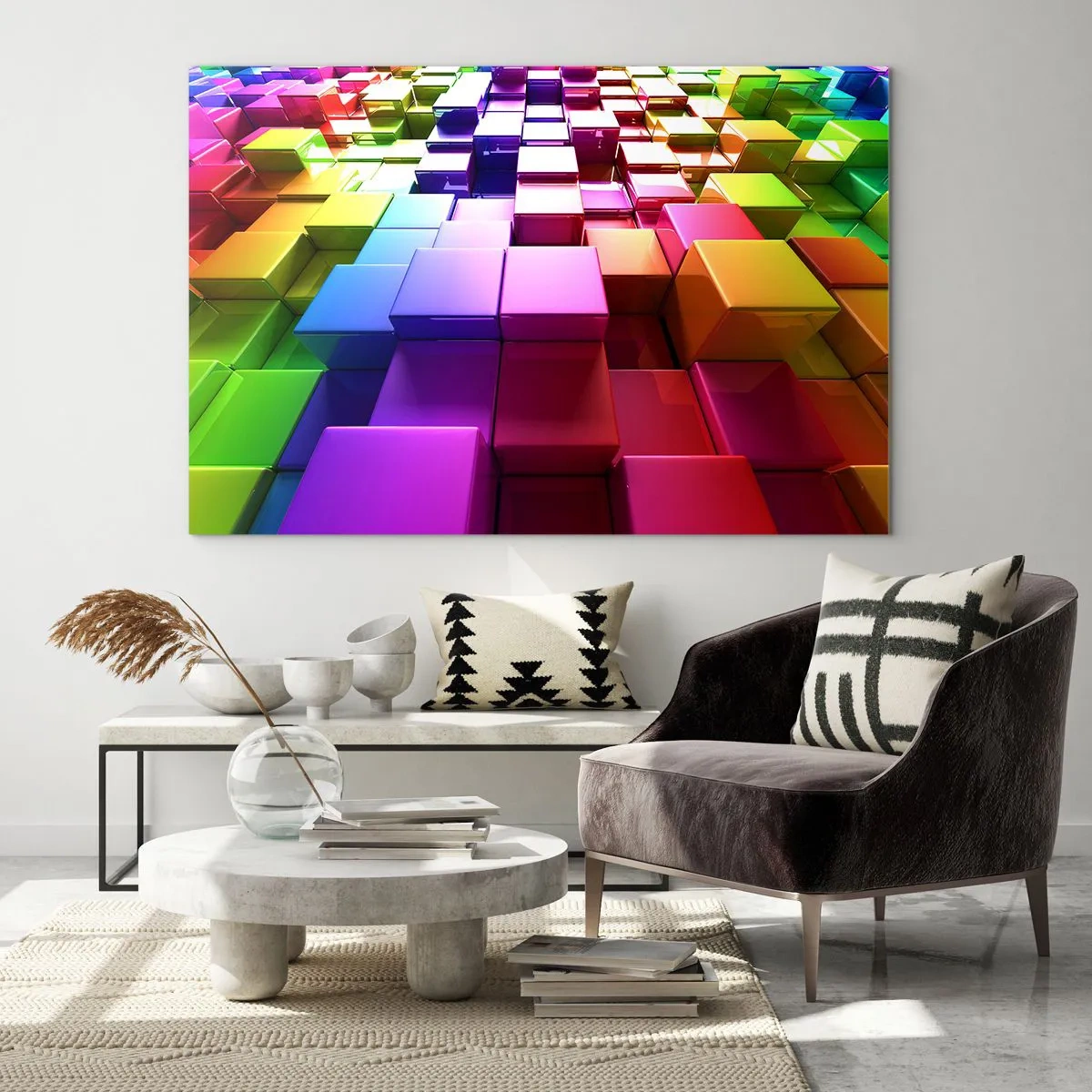 Glasbild - Bild auf glas - Bunte Würfel bilden ein dreidimensionales abstraktes Muster - 120x80cm - Op-Art gemeinsam im Team - Moderne Wanddekoration für Wohnzimmer und Schlafzimmer ARTTOR