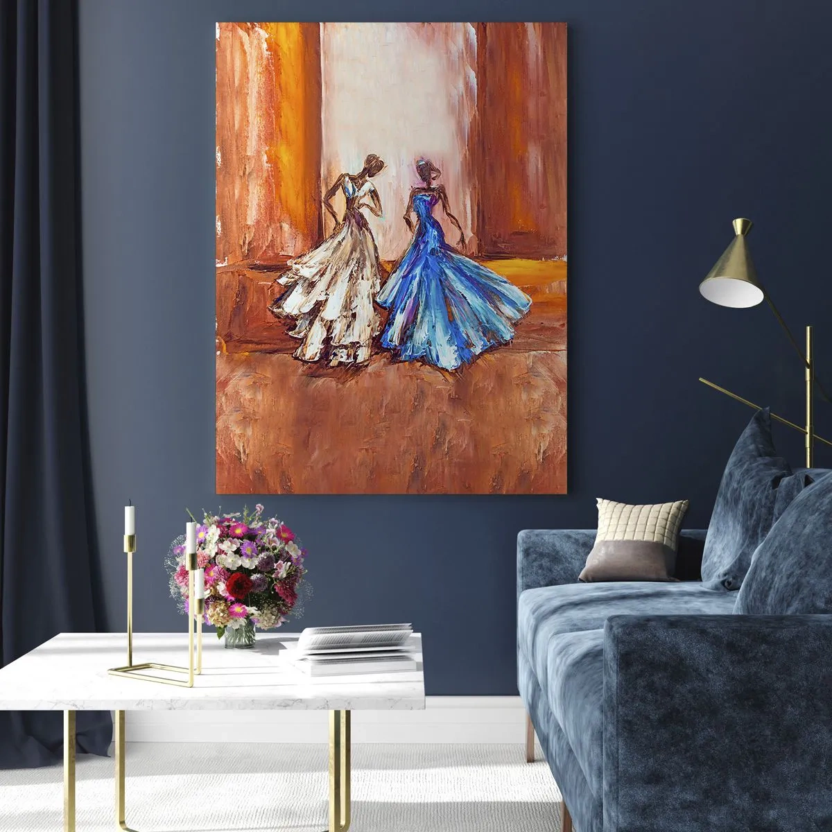 Glasbild - Bild auf glas - Weibliche Figuren in Ballkleidern im künstlerischen Stil - 50x70cm - Ein dankbares Duo - Moderne Wanddekoration für Wohnzimmer und Schlafzimmer ARTTOR