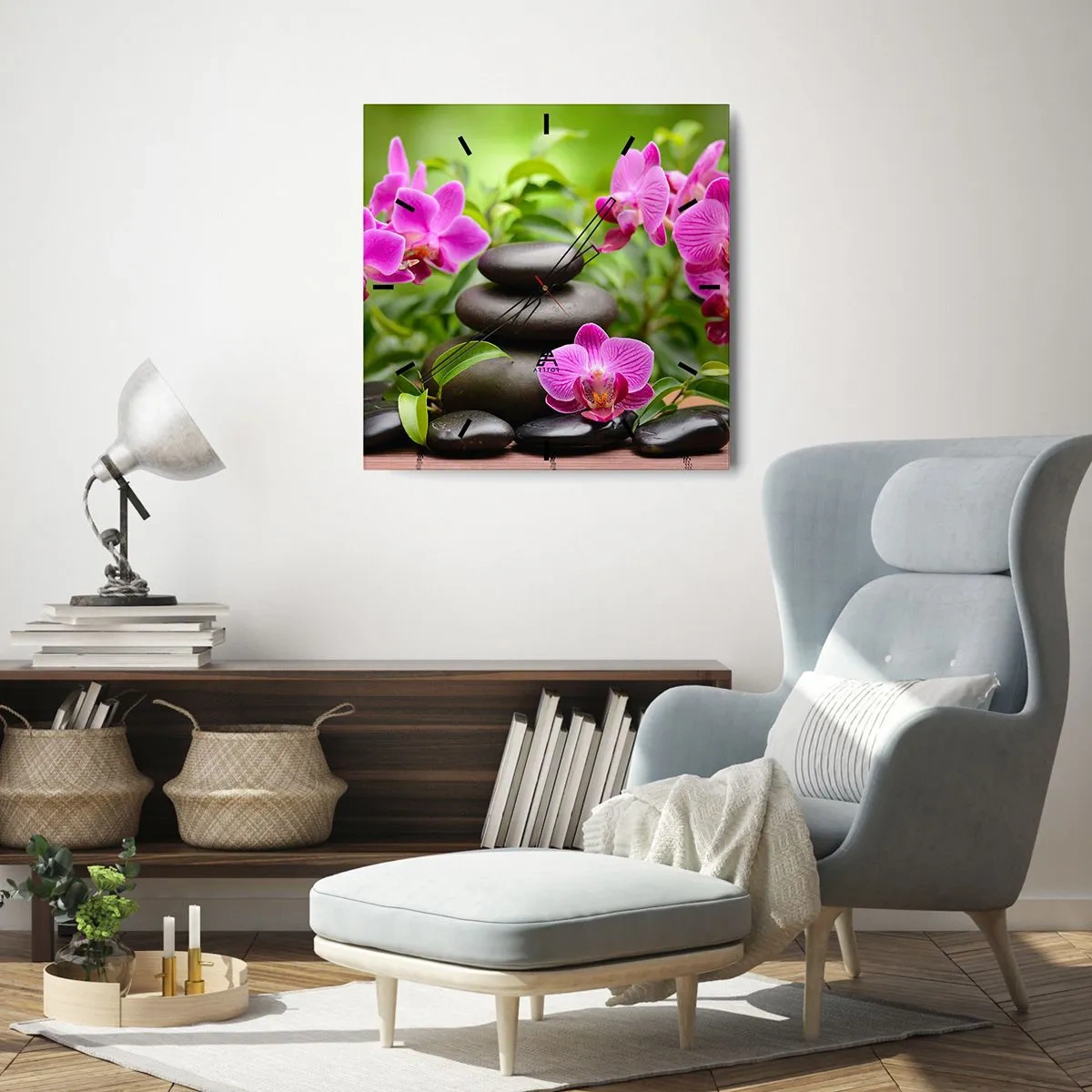 Wanduhr - Glasuhr - Rosa Orchideen mit Steinen auf grünem Hintergrund - 30x30cm - Die Pyramide des Friedens - Moderne Wanddekoration für Wohnzimmer und Schlafzimmer ARTTOR