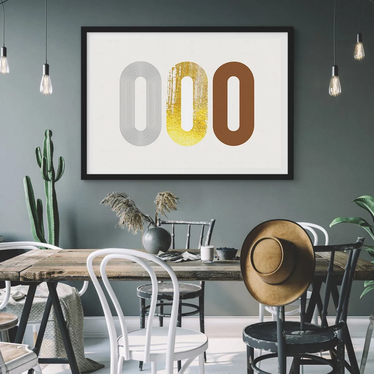 Poster in einem schwarzem Rahmen - Abstraktes Motiv aus drei geometrischen Formen - 70x50cm - Oooh! - Moderne Wanddekoration für Wohnzimmer und Schlafzimmer ARTTOR
