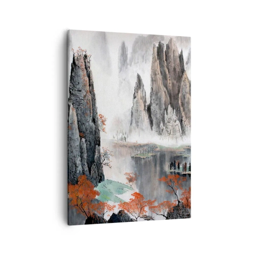 Bild auf Leinwand - Leinwandbild - Malerische Felsen und Bäume in der nebligen chinesischen Landschaft - 50x70cm - Mächtige Wächter - Moderne Wanddekoration für Wohnzimmer und Schlafzimmer ARTTOR