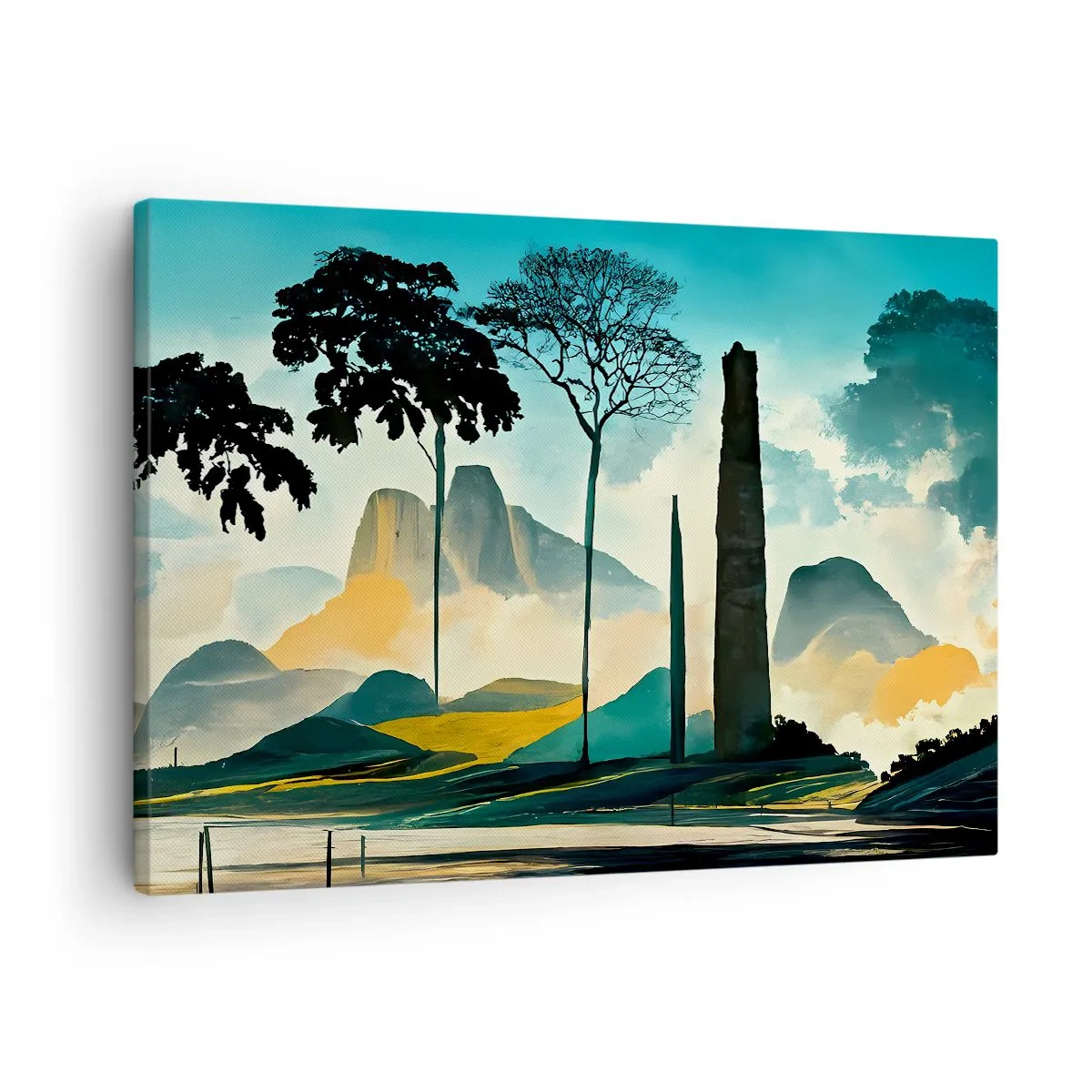 Bild auf Leinwand - Leinwandbild - Eine malerische Landschaft mit Bäumen und Bergen im Hintergrund - 70x50cm - Immer höher und höher - Moderne Wanddekoration für Wohnzimmer und Schlafzimmer ARTTOR