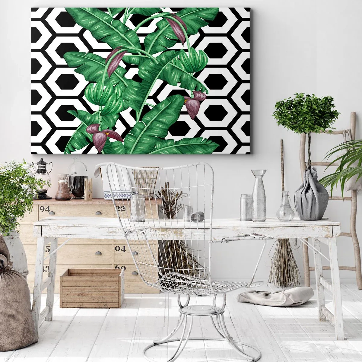 Bild auf Leinwand - Leinwandbild - Tropische Blätter auf geometrischem Hintergrund - 70x50cm - Von Natur aus eine symmetrische Komposition - Moderne Wanddekoration für Wohnzimmer und Schlafzimmer ARTTOR
