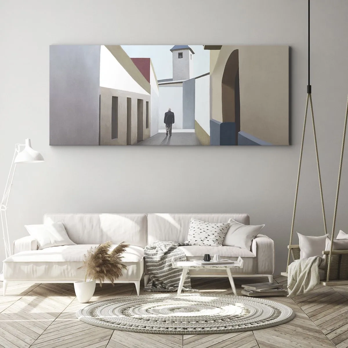 Bild auf Leinwand - Leinwandbild - Eine minimalistische Straße mit der Silhouette eines Mannes im Hintergrund - 120x50cm - Sonniger Spaziergang - Moderne Wanddekoration für Wohnzimmer und Schlafzimmer ARTTOR