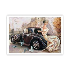 Poster - Retro-Frau neben Oldtimer - 100x70cm - Eleganz im Retro-Stil - Moderne Wanddekoration für Wohnzimmer und Schlafzimmer ARTTOR