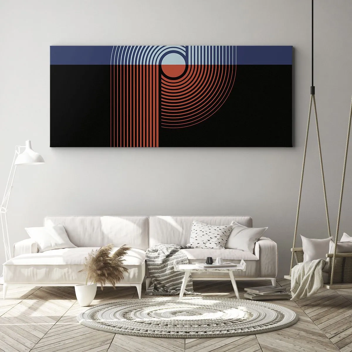 Bild auf Leinwand - Leinwandbild - Geometrische Abstraktion mit Linien in Marineblau und Orange. - 140x50cm - In einer geometrischen Umarmung - Moderne Wanddekoration für Wohnzimmer und Schlafzimmer ARTTOR
