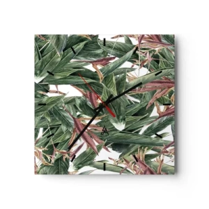 Wanduhr - Glasuhr - Ein dekoratives Blattmotiv in Grün- und Burgundertönen auf hellem Hintergrund - 30x30cm - Smaragd-lila Dickicht - Moderne Wanddekoration für Wohnzimmer und Schlafzimmer ARTTOR