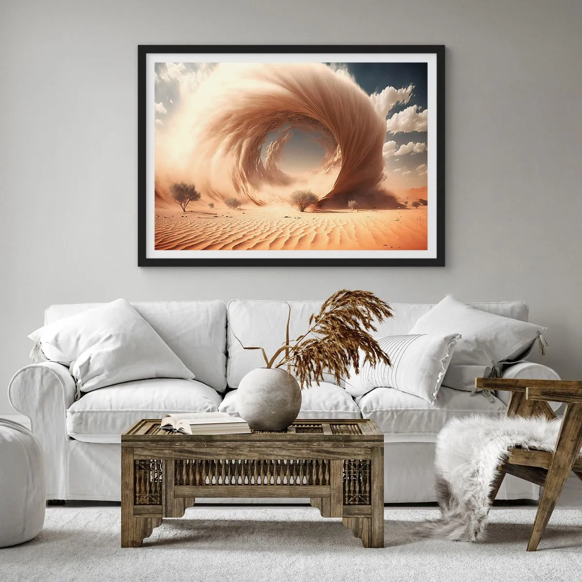 Poster in einem schwarzem Rahmen - Dynamischer Sandwirbel in einer Wüste mit Bäumen - 70x50cm - Geöffnetes Portal - Moderne Wanddekoration für Wohnzimmer und Schlafzimmer ARTTOR