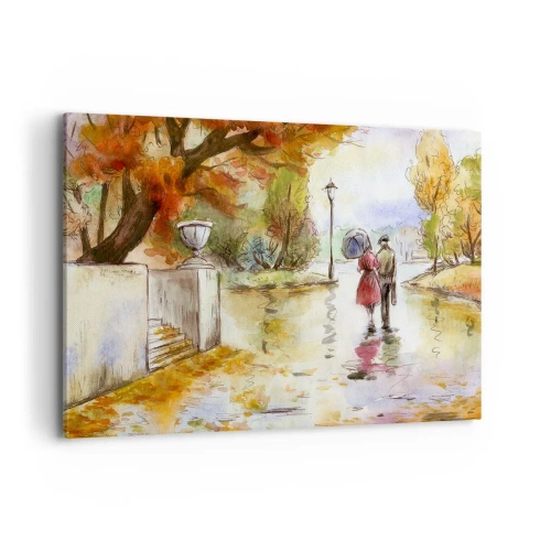 Bild auf Leinwand - Leinwandbild - Ein Spaziergang im Herbstpark mit einem Regenschirm - 120x80cm - Romantischer Herbst im Park - Moderne Wanddekoration für Wohnzimmer und Schlafzimmer ARTTOR