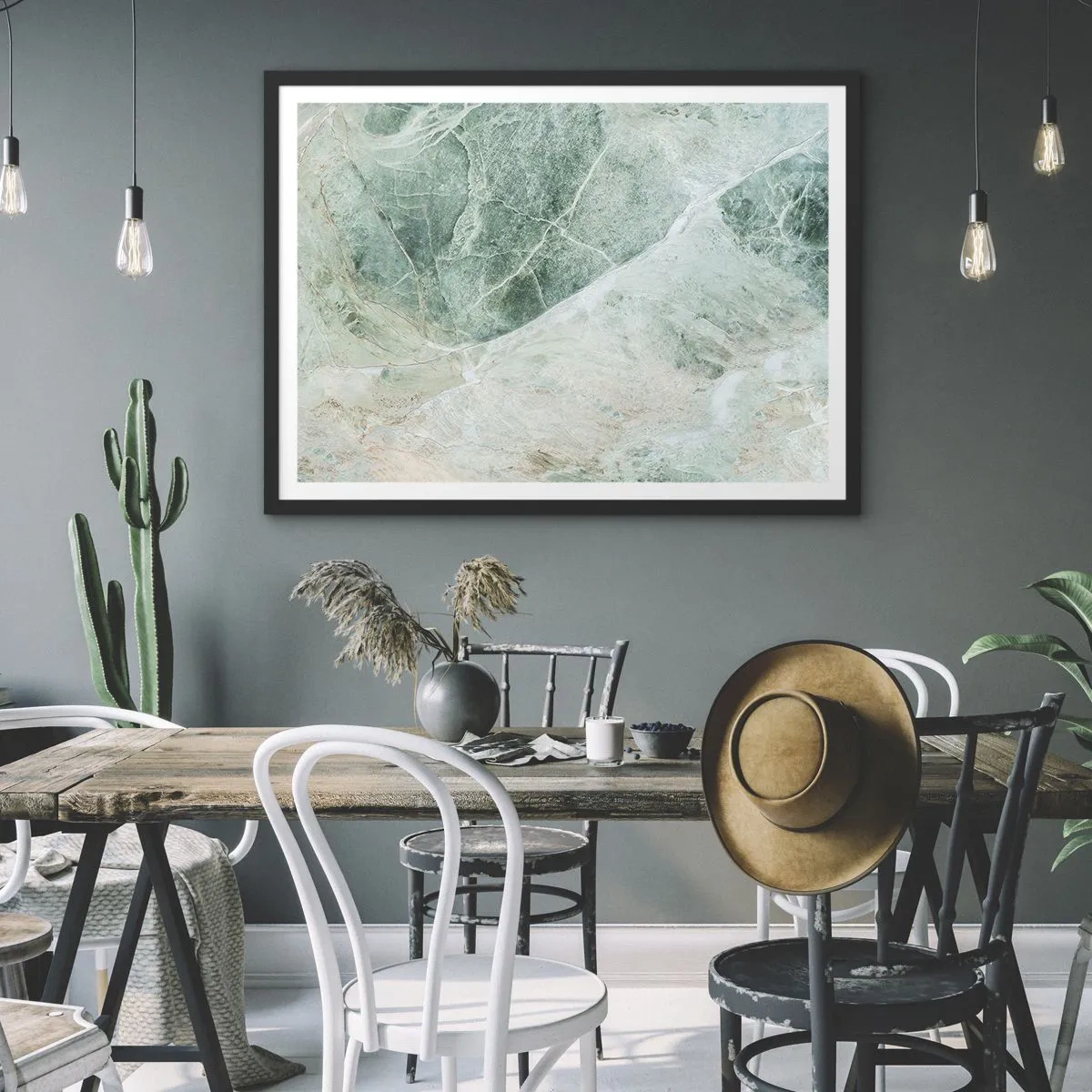 Poster in einem schwarzem Rahmen - Grüner Marmor mit zarten weißen Adern - 70x50cm - Edle Kälte des Steins - Moderne Wanddekoration für Wohnzimmer und Schlafzimmer ARTTOR