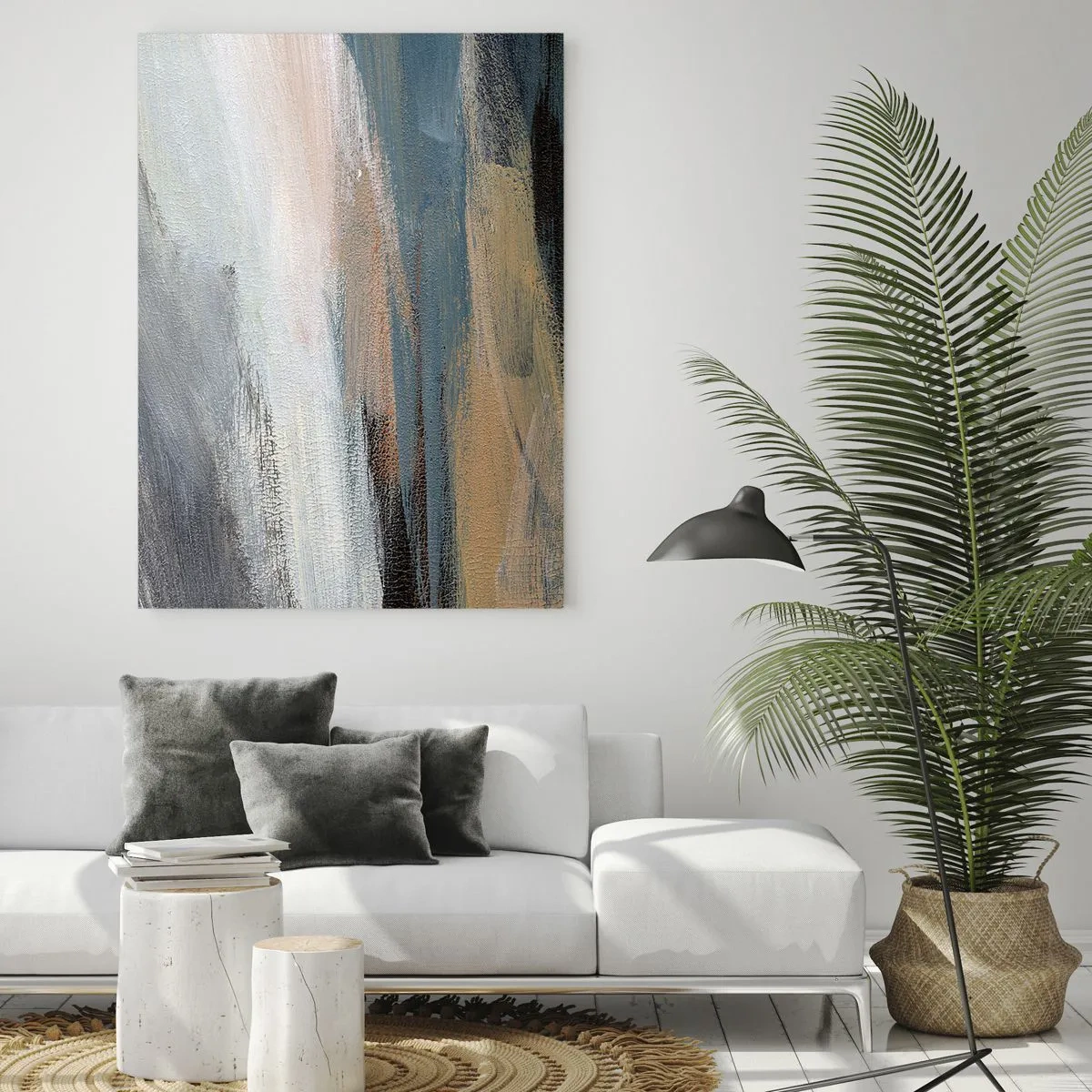 Glasbild - Bild auf glas - Abstrakte Landschaft in gedämpften Blau- und Beigetönen - 80x120cm - Abstraktion: nördliche Landschaft - Moderne Wanddekoration für Wohnzimmer und Schlafzimmer ARTTOR