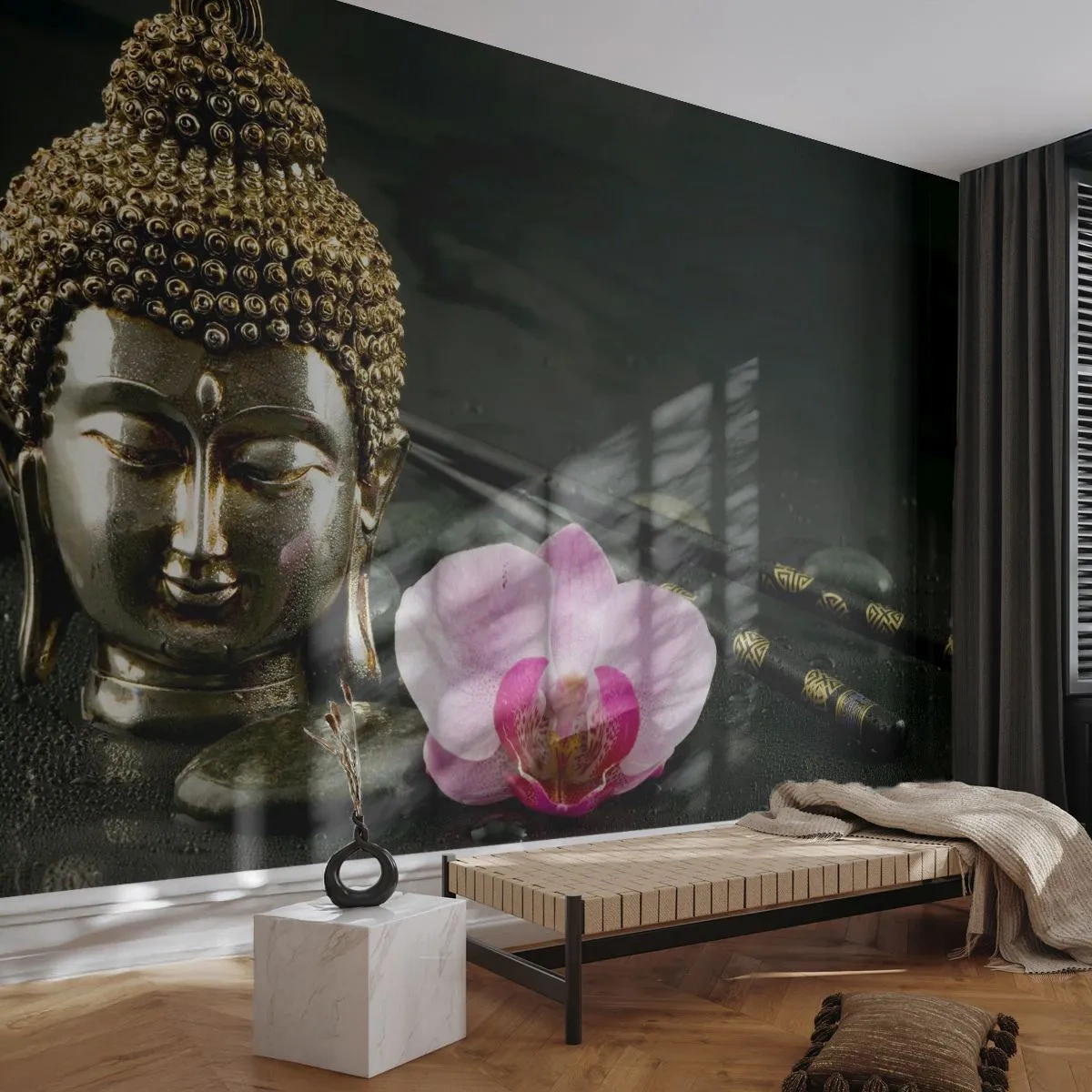 Fototapete Premium Canvas - Eine Buddha-Statuette mit Orchidee und Essstäbchen vor einem Hintergrund aus Steinen - 100x70cm - Harmonie von Weisheit und Schönheit - Moderne Wanddekoration für Wohnzimmer und Schlafzimmer ARTTOR