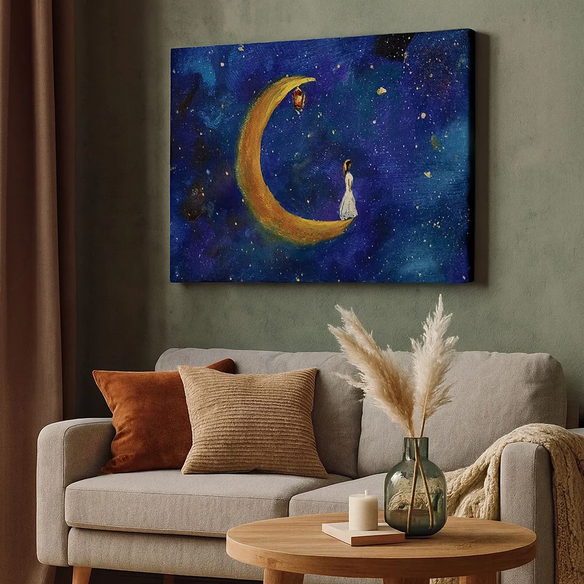 Bild auf Leinwand - Leinwandbild - Ein Mädchen steht auf dem Mond in einem Sternenhimmel - 70x50cm - Der Ruf der Welt - Moderne Wanddekoration für Wohnzimmer und Schlafzimmer ARTTOR