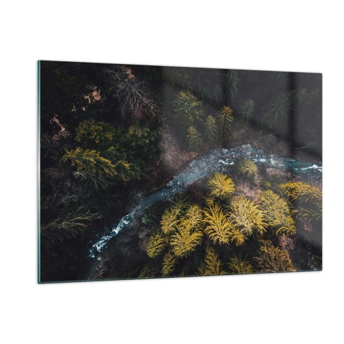 Glasbild - Bild auf glas - Eine Vogelperspektive auf eine Waldlandschaft mit einem gewundenen Bach - 120x80cm - Schnell und immer schneller - Moderne Wanddekoration für Wohnzimmer und Schlafzimmer ARTTOR