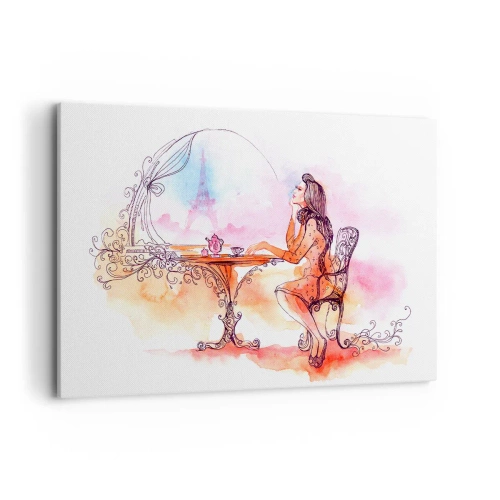 Bild auf Leinwand - Leinwandbild - Romantisches Aquarell einer Frau in einem Café mit Blick auf einen Turm - 120x80cm - Pariser Chic - Moderne Wanddekoration für Wohnzimmer und Schlafzimmer ARTTOR