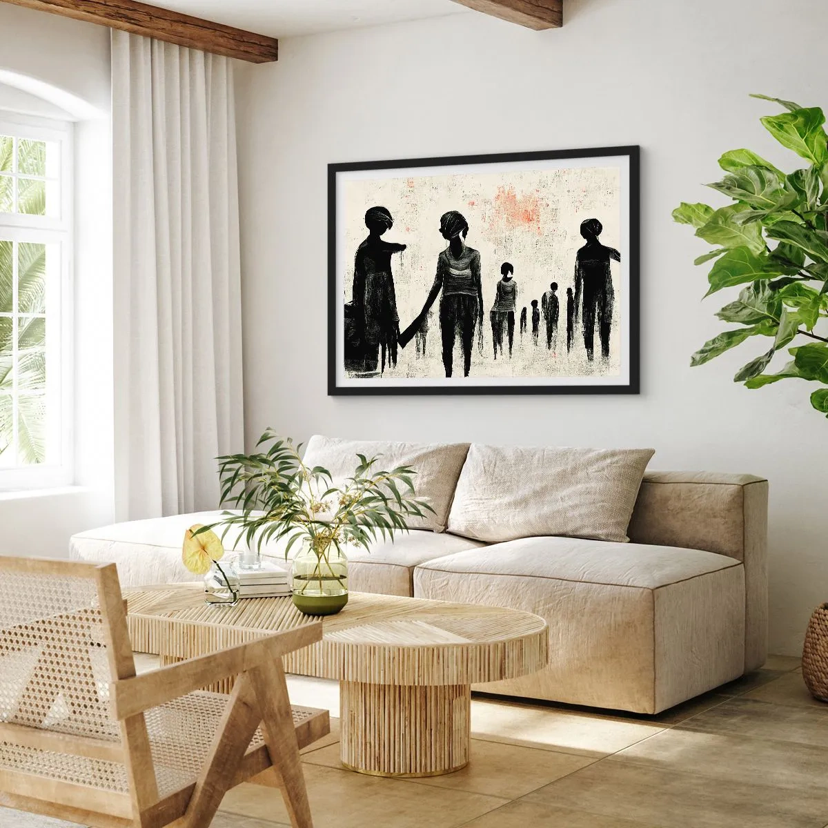 Poster in einem schwarzem Rahmen - Figuren in monochromer Komposition vor hellem Hintergrund - 100x70cm - Gegen die Einsamkeit - Moderne Wanddekoration für Wohnzimmer und Schlafzimmer ARTTOR