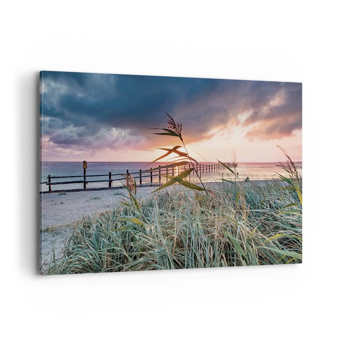 Bild auf Leinwand - Leinwandbild - Strand bei Sonnenuntergang mit Gräsern im Vordergrund - 120x80cm - Es vergeht nicht mit dem Wind - Moderne Wanddekoration für Wohnzimmer und Schlafzimmer ARTTOR