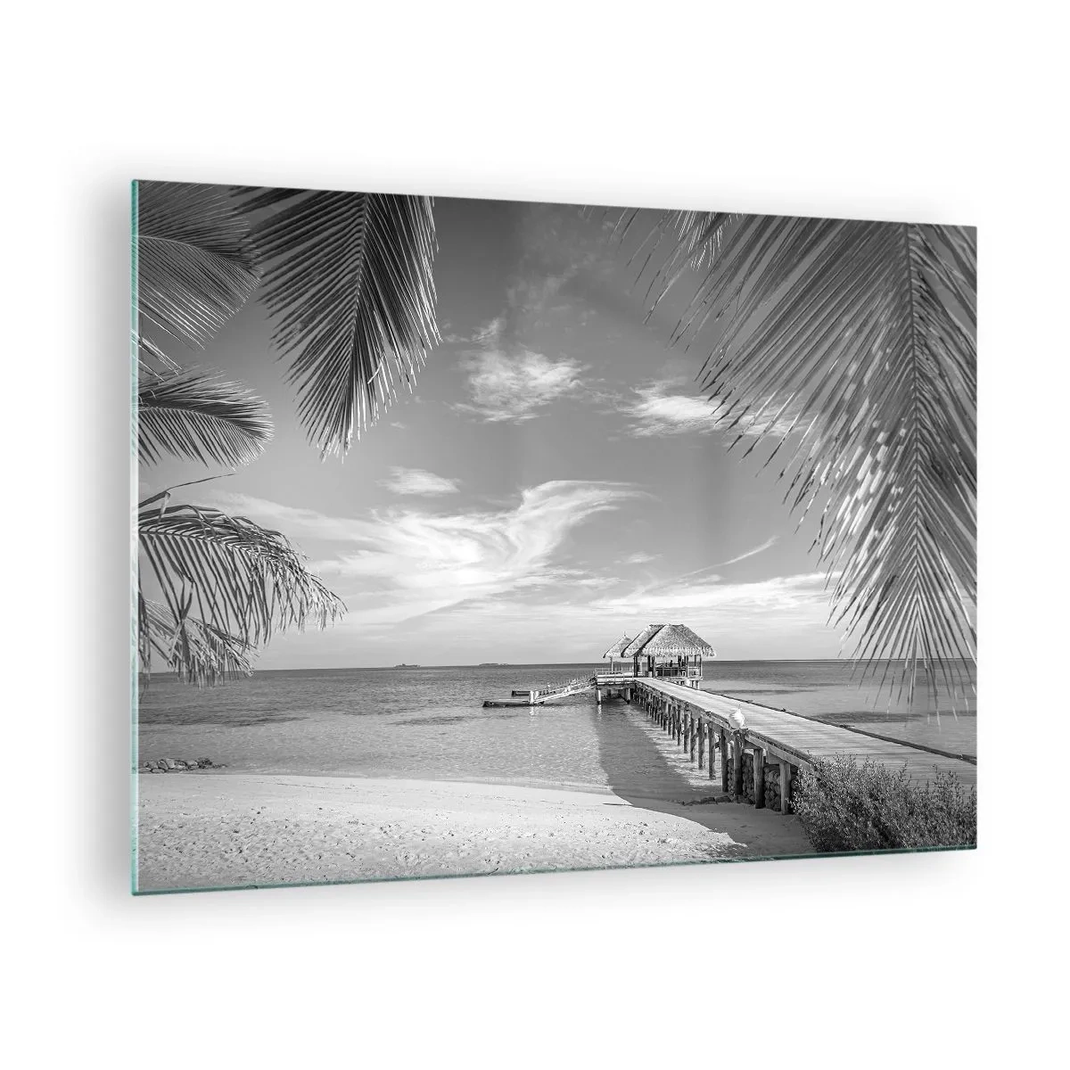 Glasbild - Bild auf glas - Schwarz-Weiß-Aufnahme eines tropischen Strandes mit einem Steg - 70x50cm - Erinnerung oder Traum? - Moderne Wanddekoration für Wohnzimmer und Schlafzimmer ARTTOR
