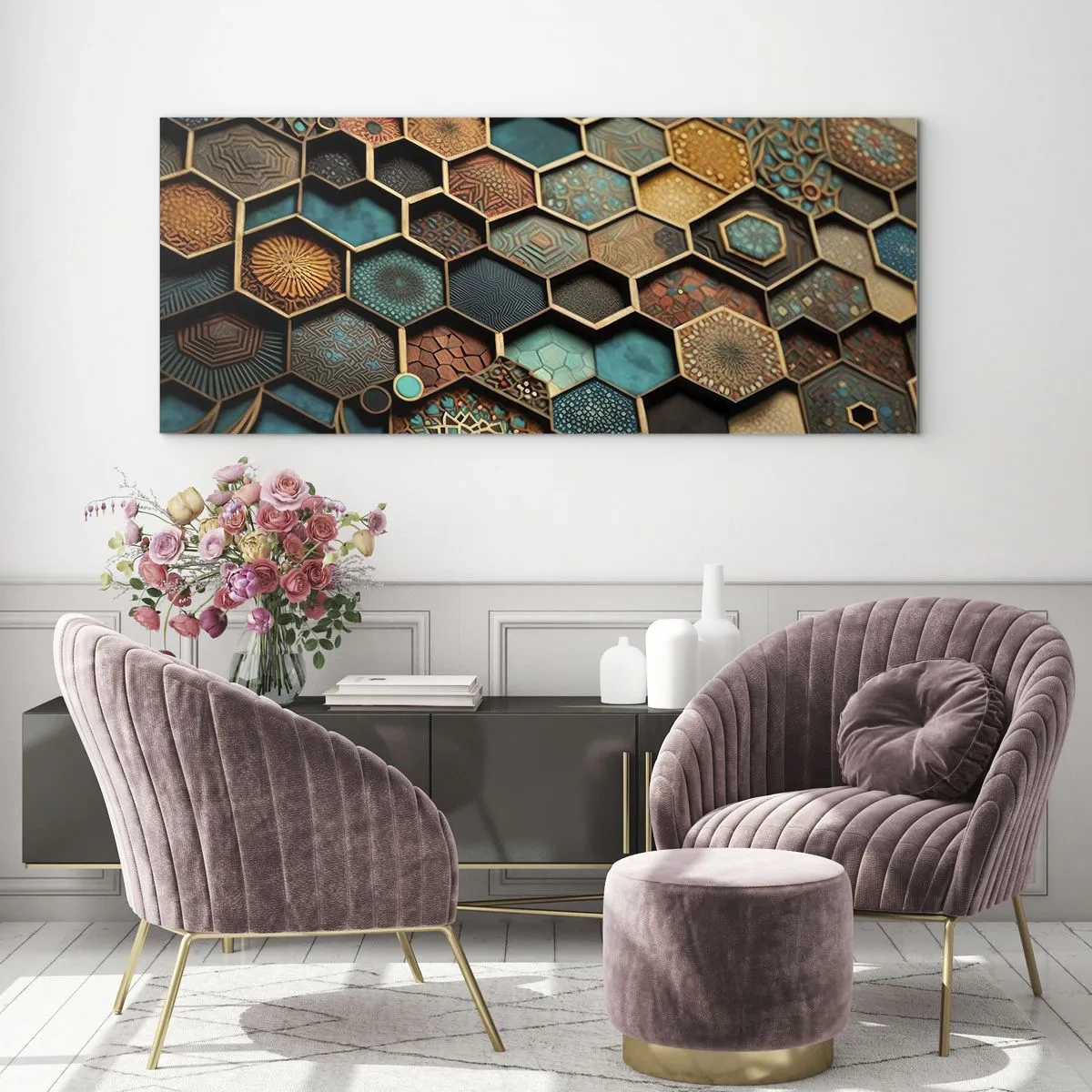 Glasbild - Bild auf glas - Bunte Ornamente in sechseckigen Mustern - 160x50cm - Arabische Ornamente – Variation - Moderne Wanddekoration für Wohnzimmer und Schlafzimmer ARTTOR