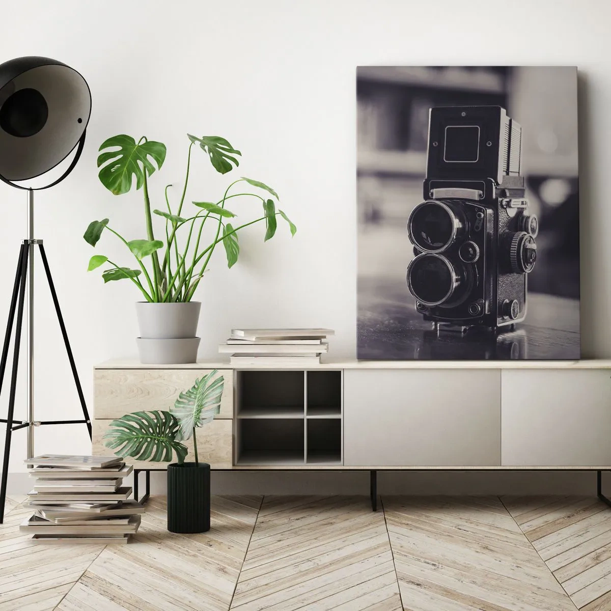 Bild auf Leinwand - Leinwandbild - Antike Kamera in Schwarz und Weiß - 50x70cm - Zauber alter Fotografie - Moderne Wanddekoration für Wohnzimmer und Schlafzimmer ARTTOR