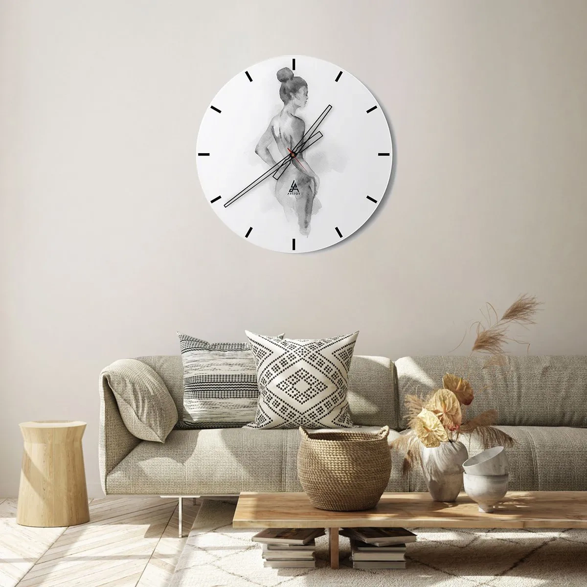 Wanduhr - Glasuhr - Eine Silhouette einer Frau, gemalt in Aquarell in Grautönen. - 30x30cm - Schön wie ein Gemälde - Moderne Wanddekoration für Wohnzimmer, Küche und Schlafzimmer ARTTOR