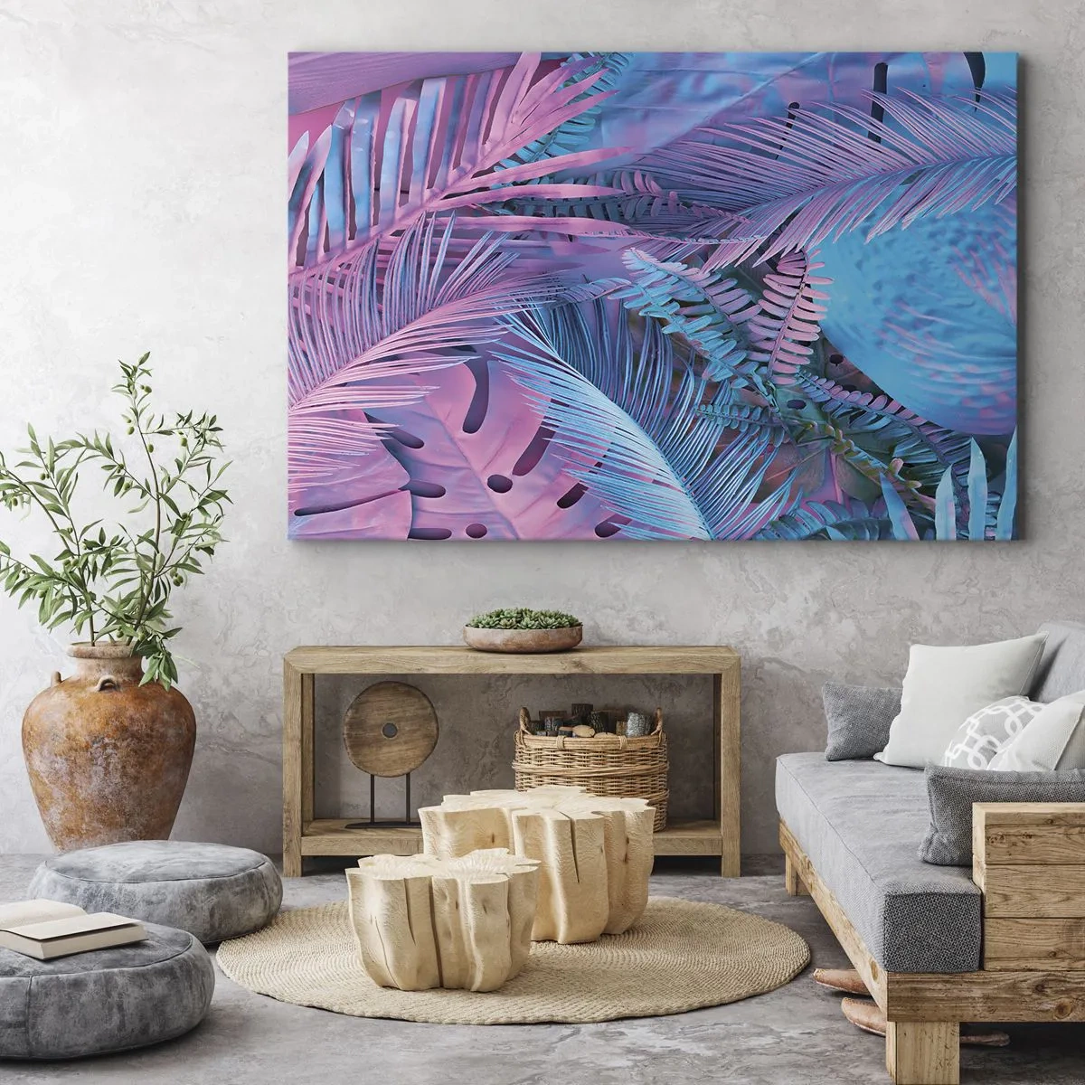 Bild auf Leinwand - Leinwandbild - Tropische Blätter in Rosa- und Blautönen - 120x80cm - Tropen in Rosa und Blau - Moderne Wanddekoration für Wohnzimmer und Schlafzimmer ARTTOR