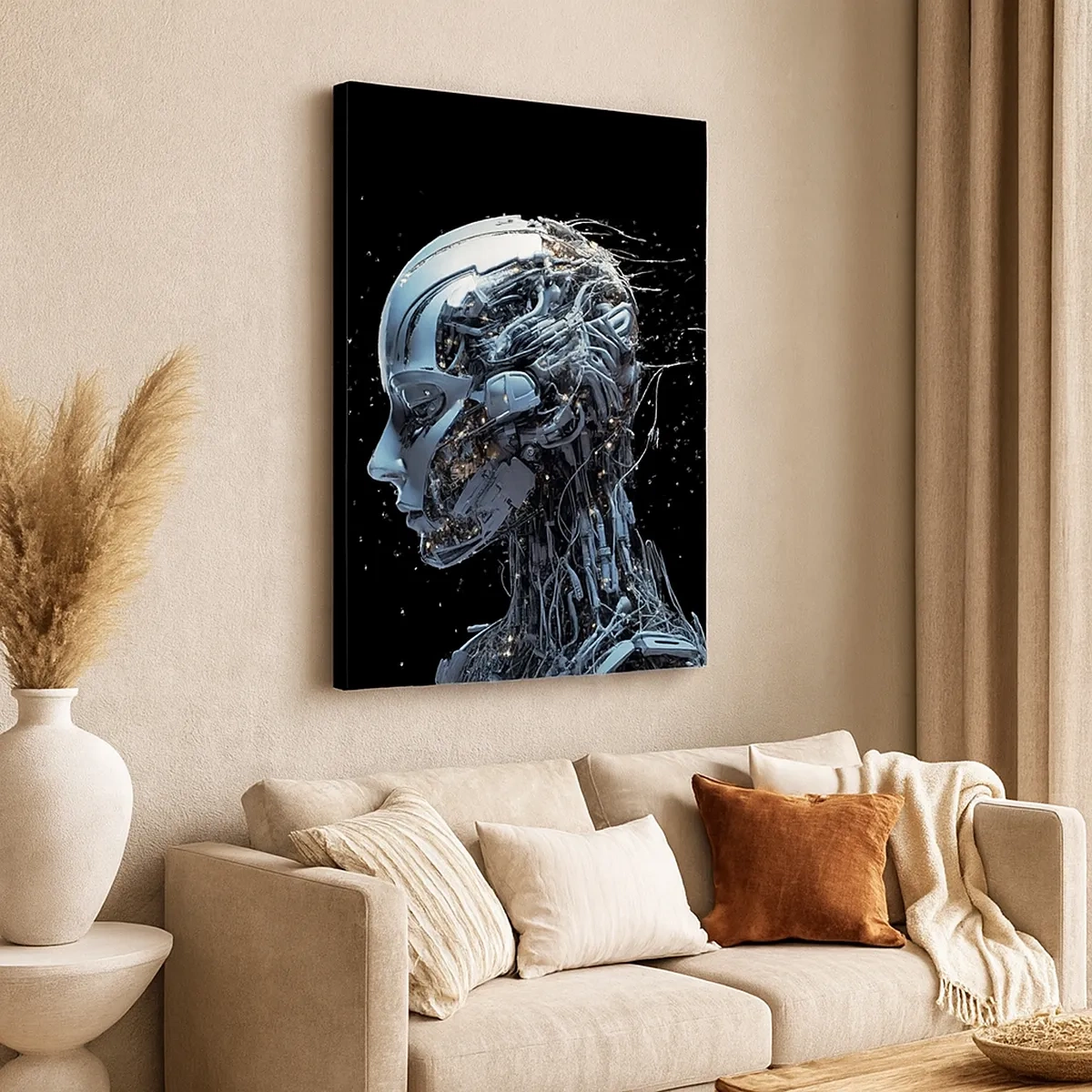 Bild auf Leinwand - Leinwandbild - Futuristisches Porträt eines Cyborgs im Industriestil auf schwarzem Hintergrund. - 50x70cm - Technologie ist eine Frau - Moderne Wanddekoration für Wohnzimmer und Schlafzimmer ARTTOR