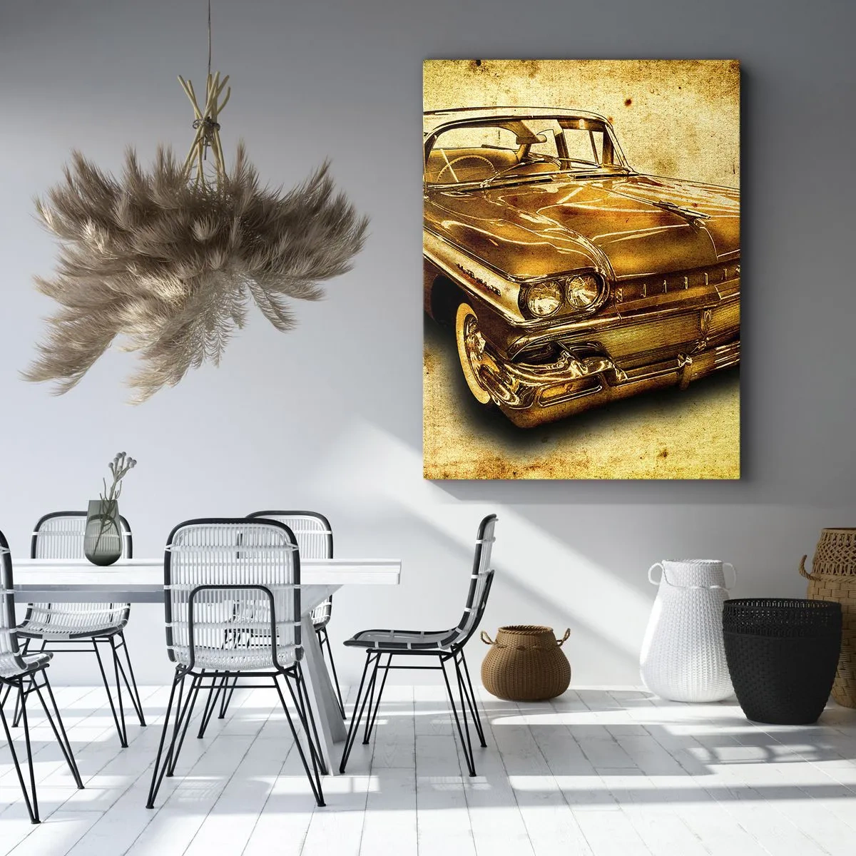 Bild auf Leinwand - Leinwandbild - Ein goldenes klassisches Retro-Auto auf einem Vintage-Hintergrund mit gealtertem Effekt. - 80x120cm - Die unvergängliche Schönheit der Klassiker - Moderne Wanddekoration für Wohnzimmer und Schlafzimmer ARTTOR